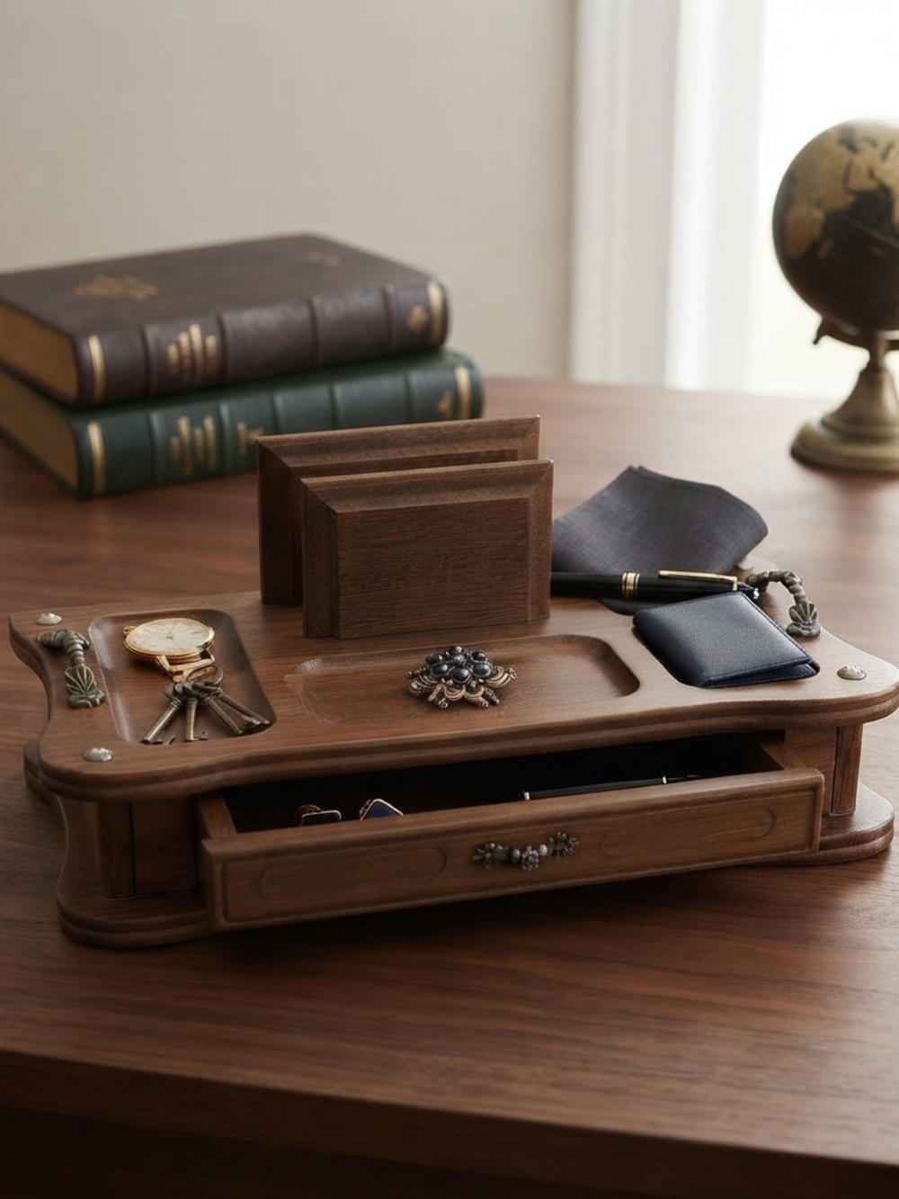 Vtg Men's Wooden Jewelry Box Dresser Valet Organizer Caddy MCM Kitsch